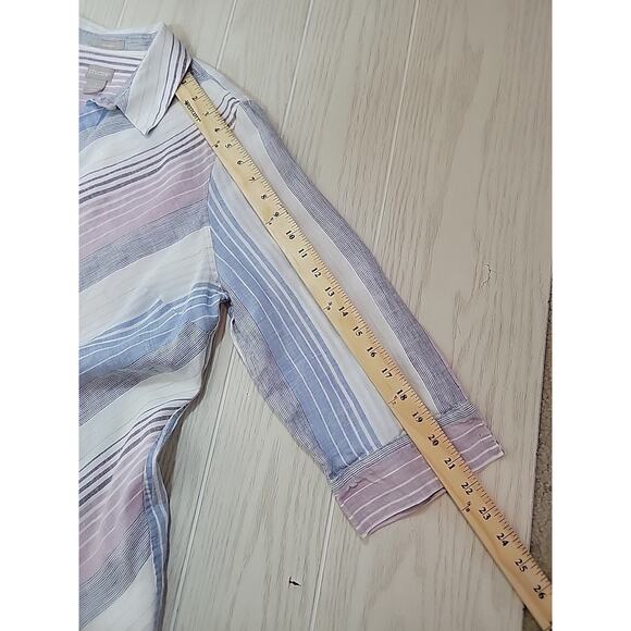 Chicos Linen Top Womens 2 White Pin Stripes Button Down No Iron Coastal Nautical - Picture 11 of 12